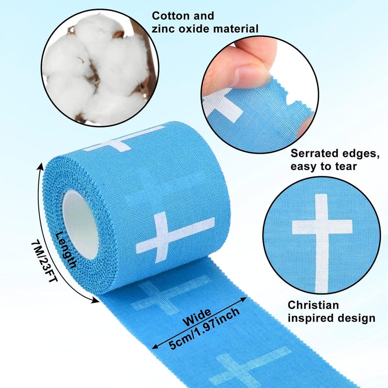 MiniInflat 2 Pcs Christian Cross Athletic Tape Sports Tape 2in x 23ft Religion Jesus Wrist Wrap for Soccer Football Baseball Gymnastics Christian Gift for Good Friday Easter(Blue,Cross) - Image 2
